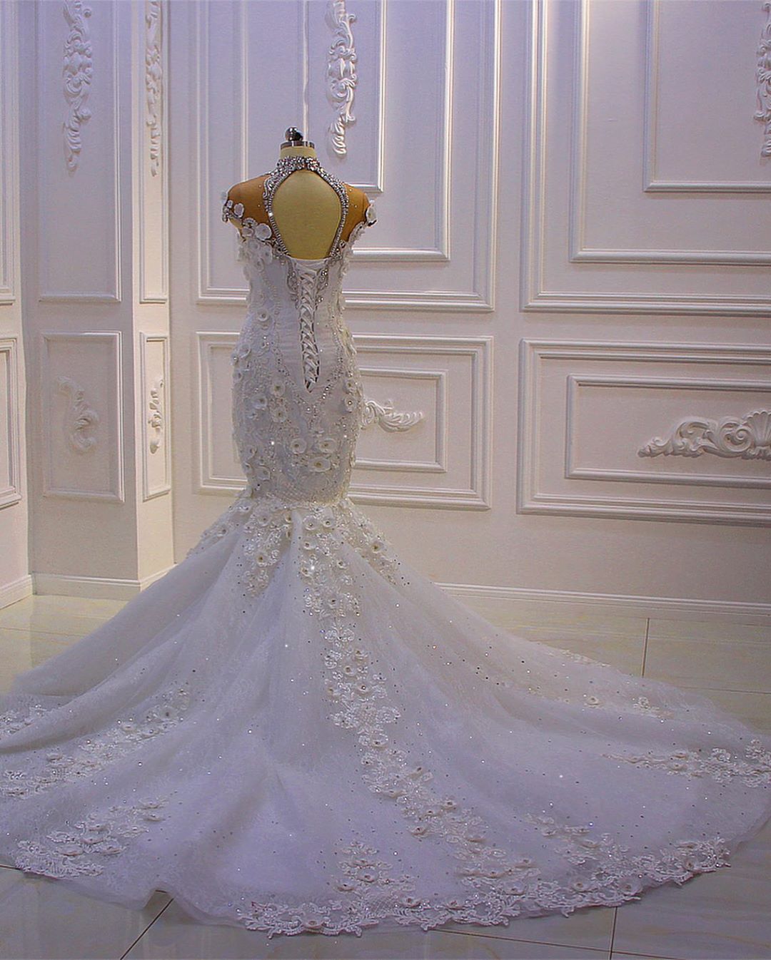 Amazing High Neck Crystal Long Mermaid Wedding Dress With Lace Appliques-BallBride