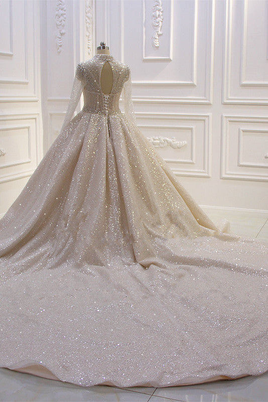 Amazing High-neck Long Sleeves Ball Gown Wedding Dress with Sequins-BallBride