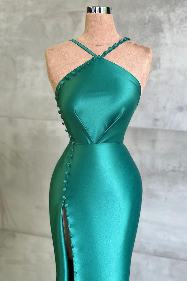 Amazing Jade Halter Sleeveless Prom Dress with Slit Buttons-BallBride