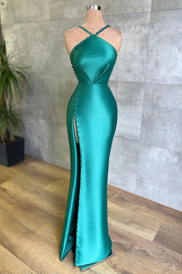 Amazing Jade Halter Sleeveless Prom Dress with Slit Buttons-BallBride