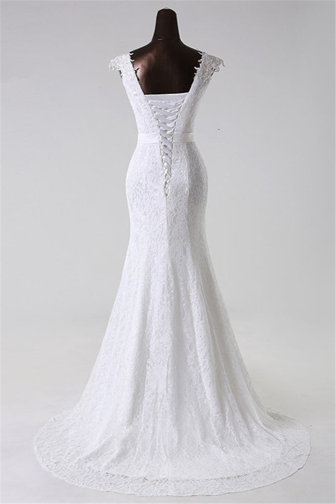 Amazing Jewel Long Lace Mermaid Wedding Dress With Appliques-BallBride