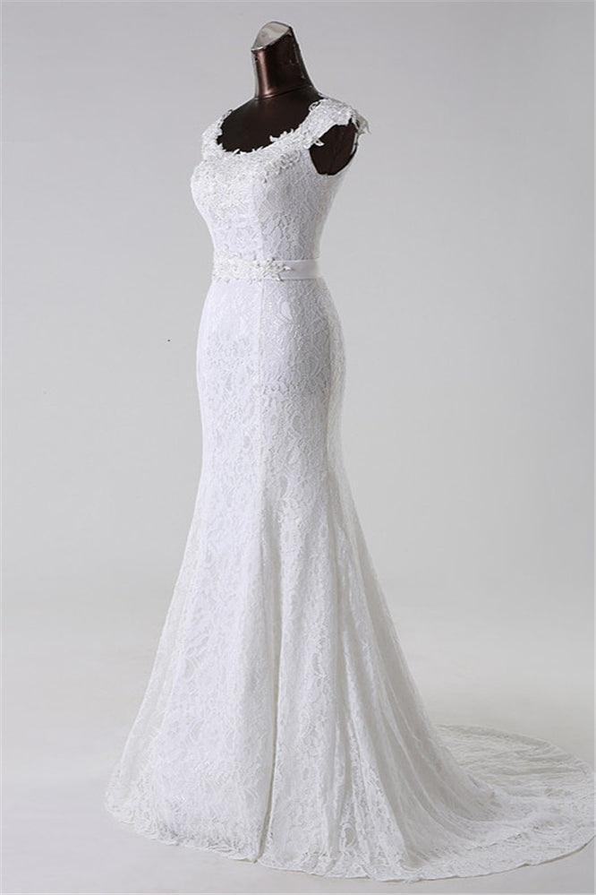 Amazing Jewel Long Lace Mermaid Wedding Dress With Appliques-BallBride