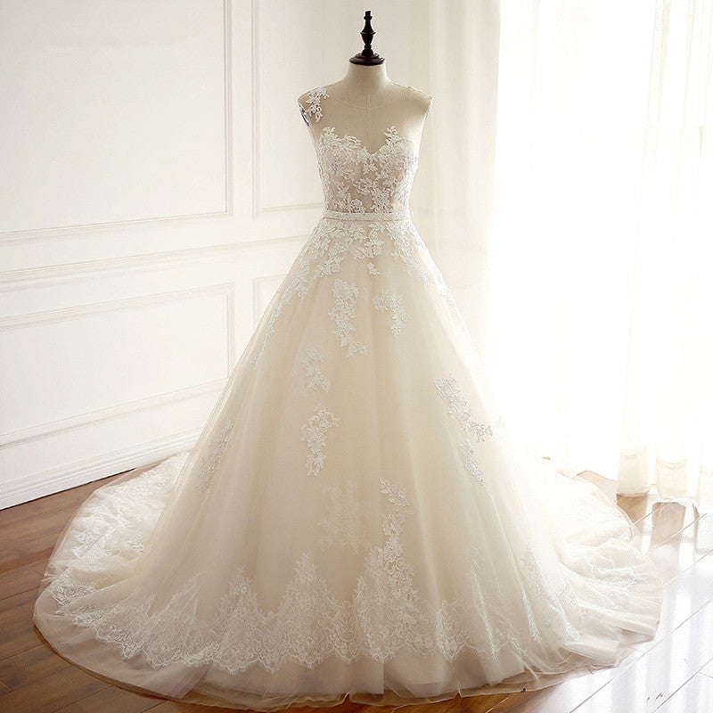 Amazing Jewel Long Wedding Dress with Lace Appliques-BallBride