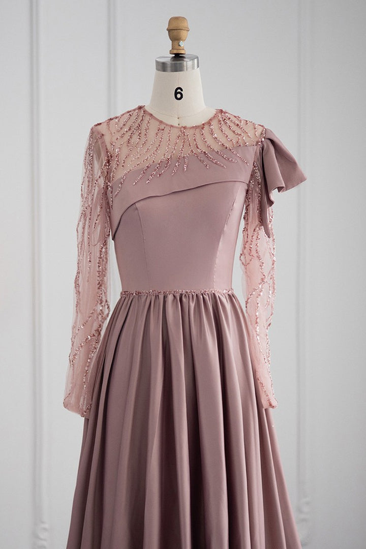 Amazing Jewel Neck A Line Evening Dress with Long Sleeves and Appliques-BallBride