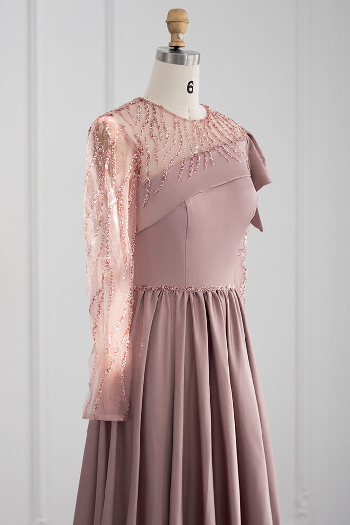 Amazing Jewel Neck A Line Evening Dress with Long Sleeves and Appliques-BallBride