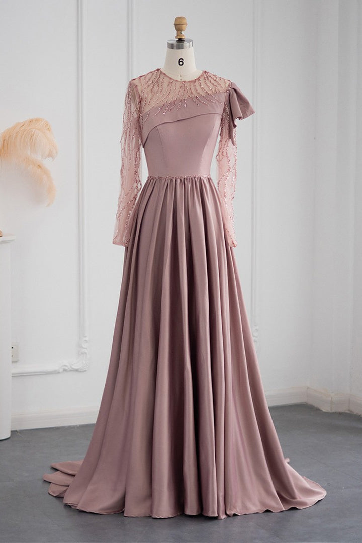 Amazing Jewel Neck A Line Evening Dress with Long Sleeves and Appliques-BallBride