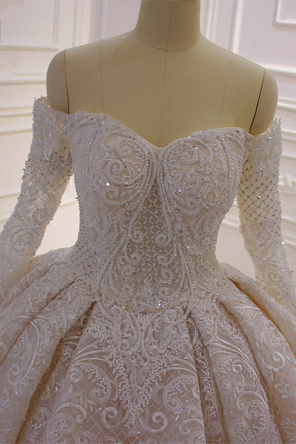 Amazing Long Sleeves Ball Gown Wedding Dress With Lace Appliques-BallBride