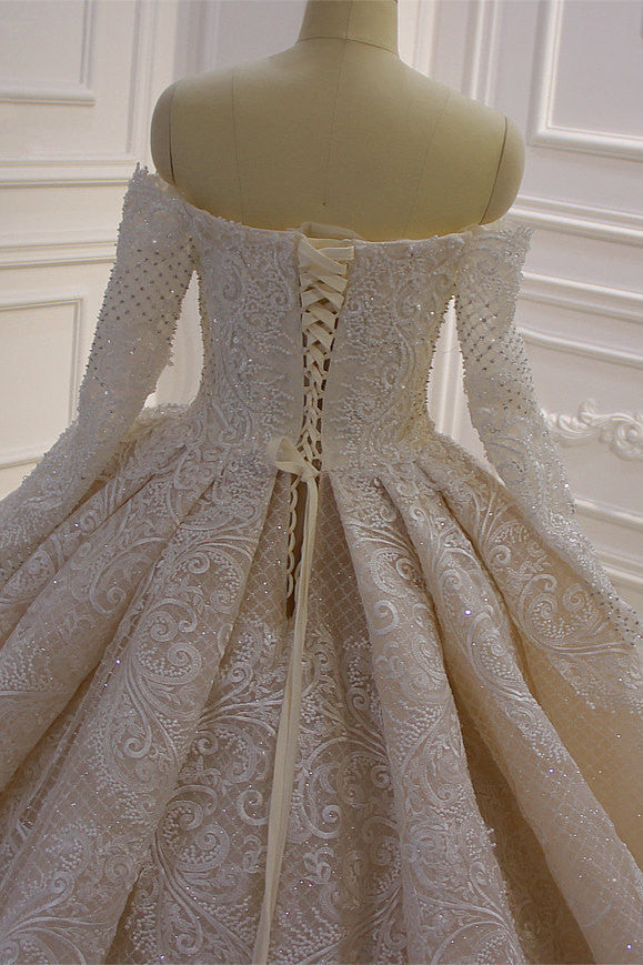 Amazing Long Sleeves Ball Gown Wedding Dress With Lace Appliques-BallBride