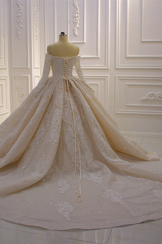 Amazing Long Sleeves Ball Gown Wedding Dress With Lace Appliques-BallBride