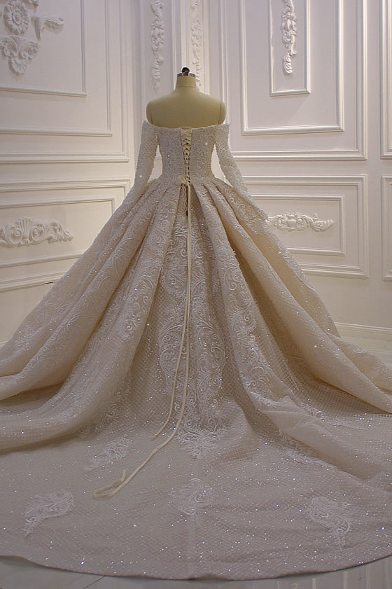 Amazing Long Sleeves Ball Gown Wedding Dress With Lace Appliques-BallBride