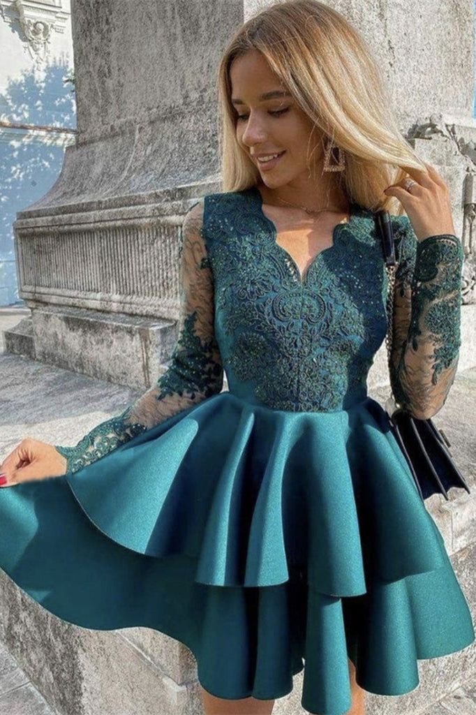 Amazing Long Sleeves Short Prom Dress with Appliques for Homecoming-BallBride
