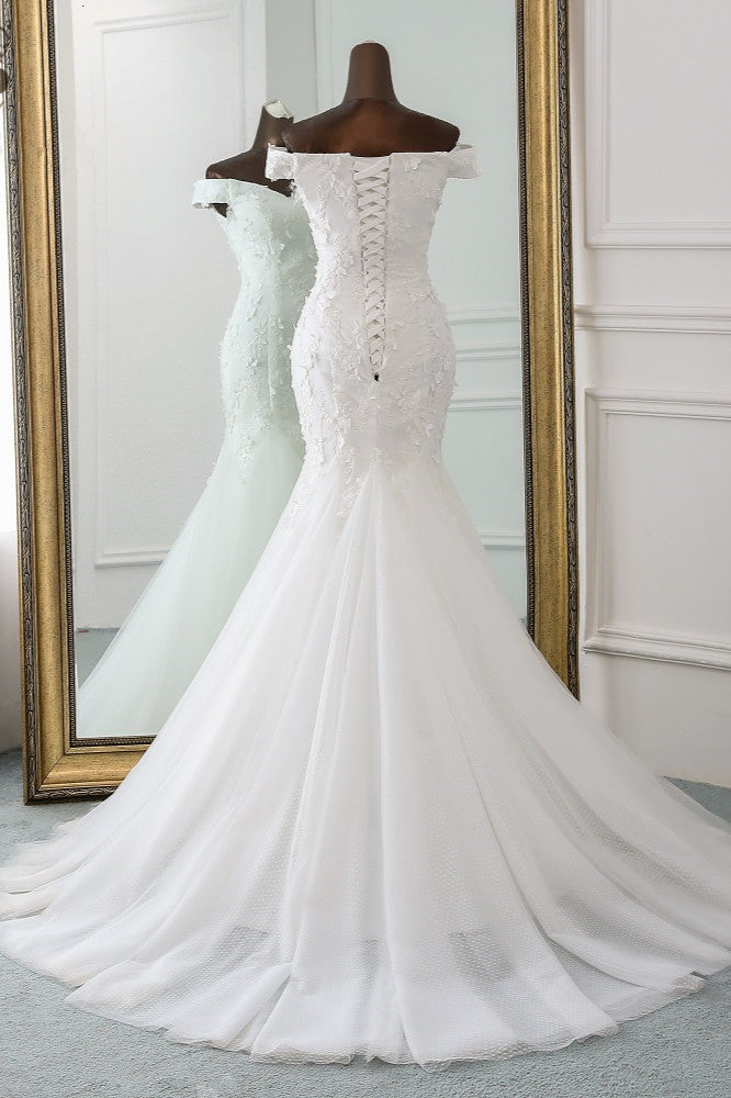 Amazing Off-the-Shoulder Mermaid Long Wedding Dress With Lace Appliques-BallBride