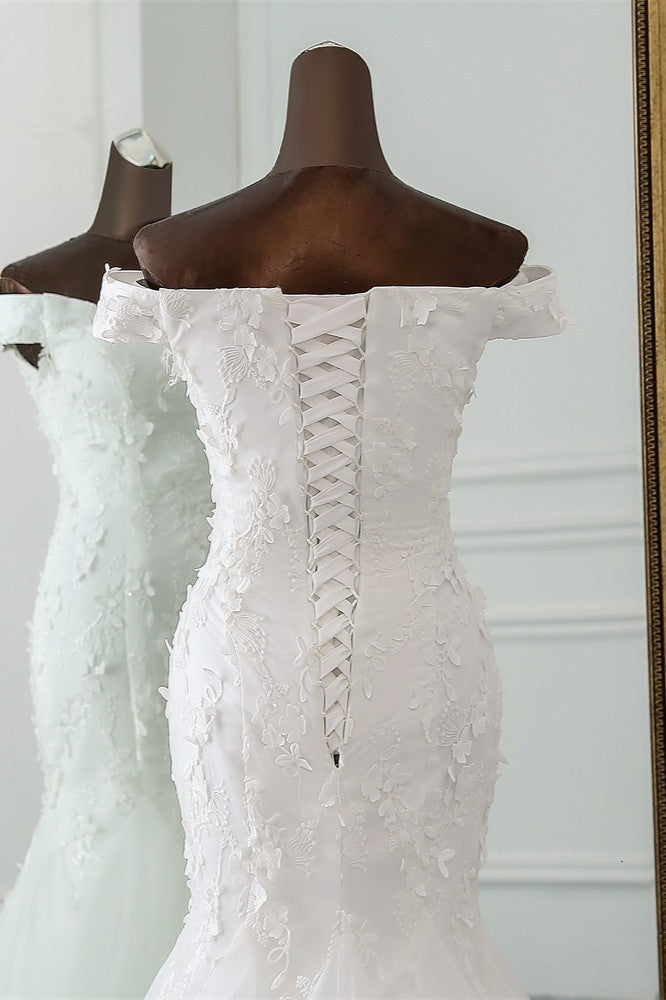 Amazing Off-the-Shoulder Mermaid Long Wedding Dress With Lace Appliques-BallBride