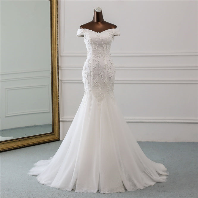 Amazing Off-the-Shoulder Mermaid Long Wedding Dress With Lace Appliques-BallBride