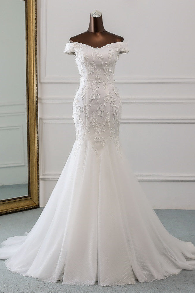Amazing Off-the-Shoulder Mermaid Long Wedding Dress With Lace Appliques-BallBride