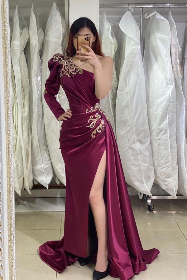 Amazing One Shoulder Prom Dress with Mermaid Slit and Appliques-BallBride