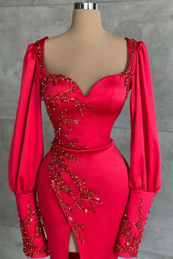 Amazing Red Long Sleeves Prom Dress with Beadings & Split - Mermaid Sweetheart-BallBride