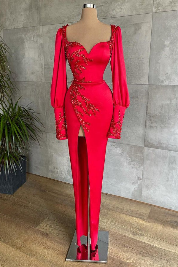 Amazing Red Long Sleeves Prom Dress with Beadings & Split - Mermaid Sweetheart-BallBride