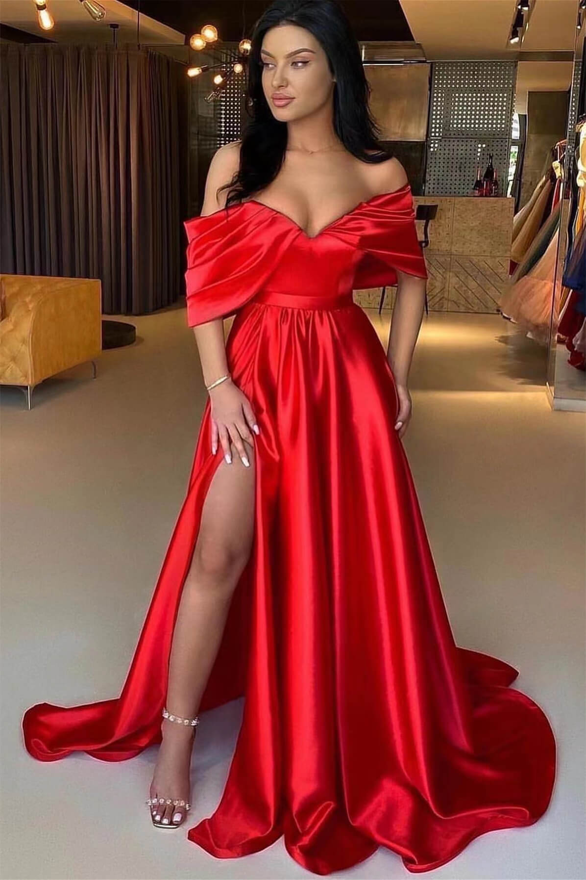 Amazing Red Off-the-Shoulder Evening Dress with Long Split Online-BallBride