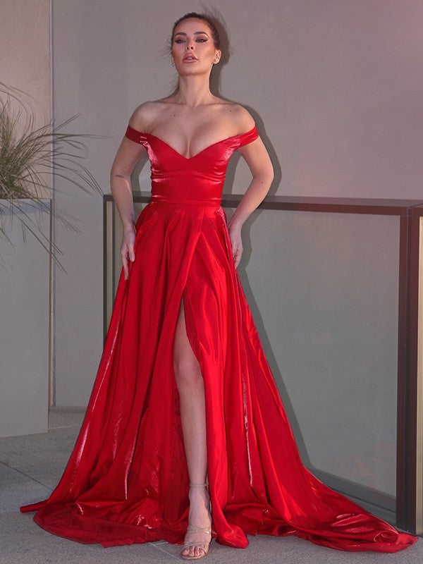 Amazing Red Off-the-Shoulder Long Evening Dress Split Online-BallBride