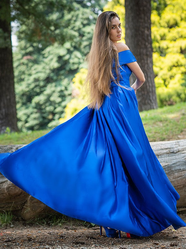 Amazing Royal Blue Off-the-Shoulder Split Long Evening Dress-BallBride