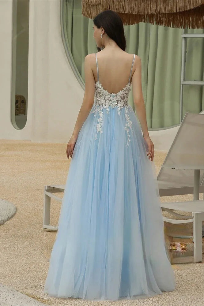 Amazing Sky Blue V-Neck Evening Party Gowns Tulle Long With Appliques-BallBride