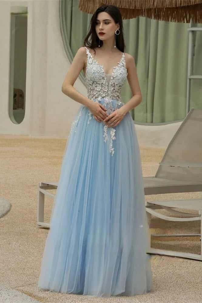 Amazing Sky Blue V-Neck Evening Party Gowns Tulle Long With Appliques-BallBride