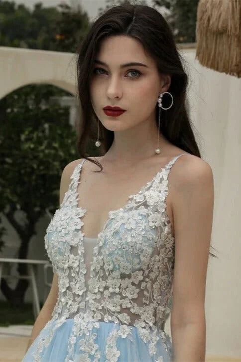 Amazing Sky Blue V-Neck Evening Party Gowns Tulle Long With Appliques-BallBride