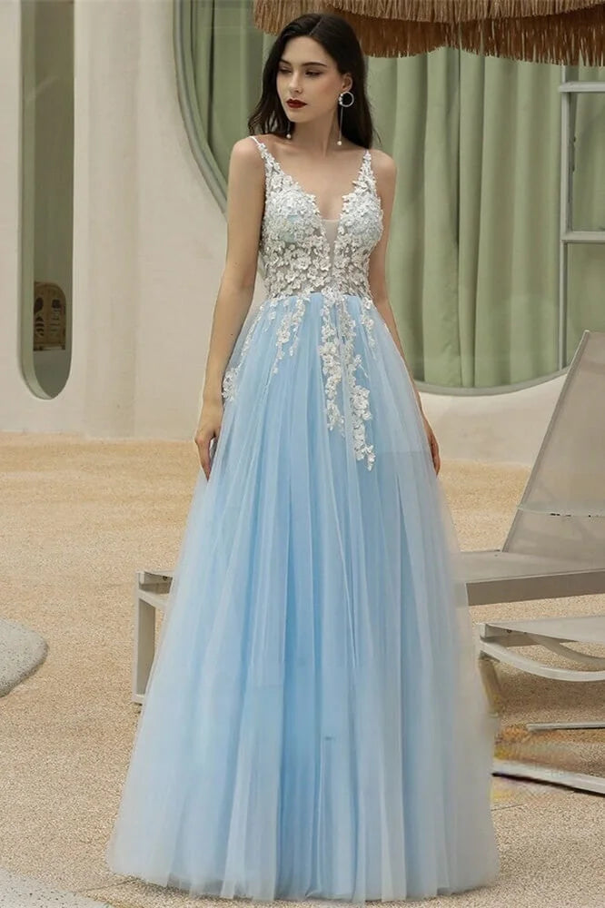 Amazing Sky Blue V-Neck Evening Party Gowns Tulle Long With Appliques-BallBride