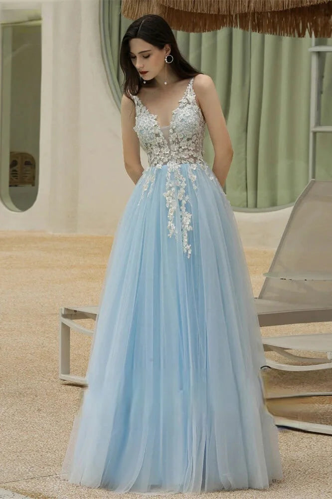 Amazing Sky Blue V-Neck Evening Party Gowns Tulle Long With Appliques-BallBride