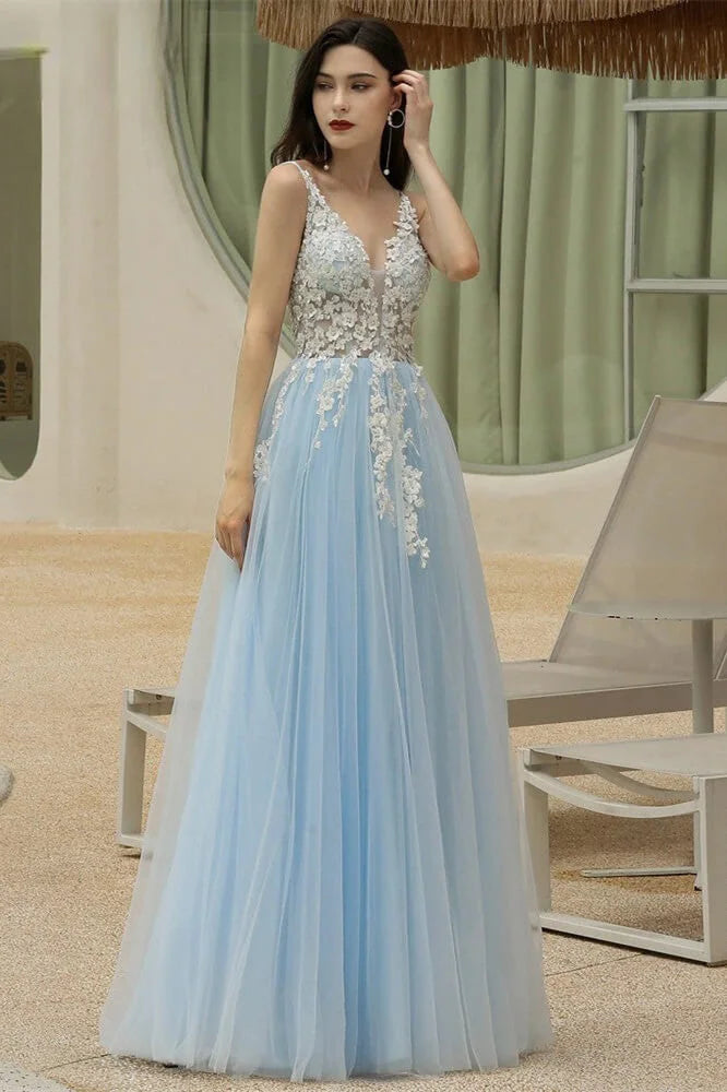 Amazing Sky Blue V-Neck Evening Party Gowns Tulle Long With Appliques-BallBride