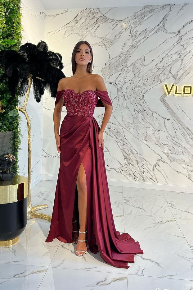 Amazing Sweetheart Beads Prom Dress with Sequin Slit and Off-The-Shoulder Design-BallBride