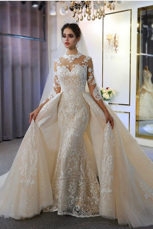 Amazing Sweetheart Long Sleeved Wedding Dress with Lace Appliques-BallBride