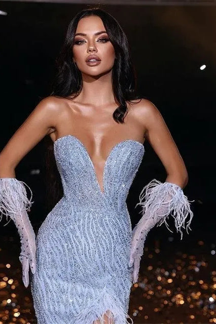 Amazing Sweetheart Split Mermaid Evening Dress with Sequins & Feather Gloves-BallBride