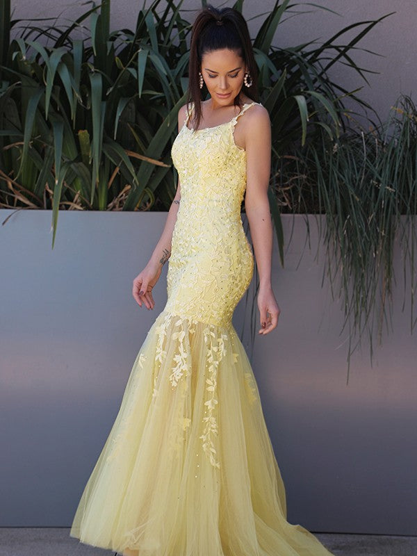Amazing Yellow Appliques Evening Dress with Spaghetti-Straps-BallBride