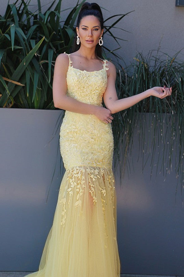 Amazing Yellow Appliques Evening Dress with Spaghetti-Straps-BallBride