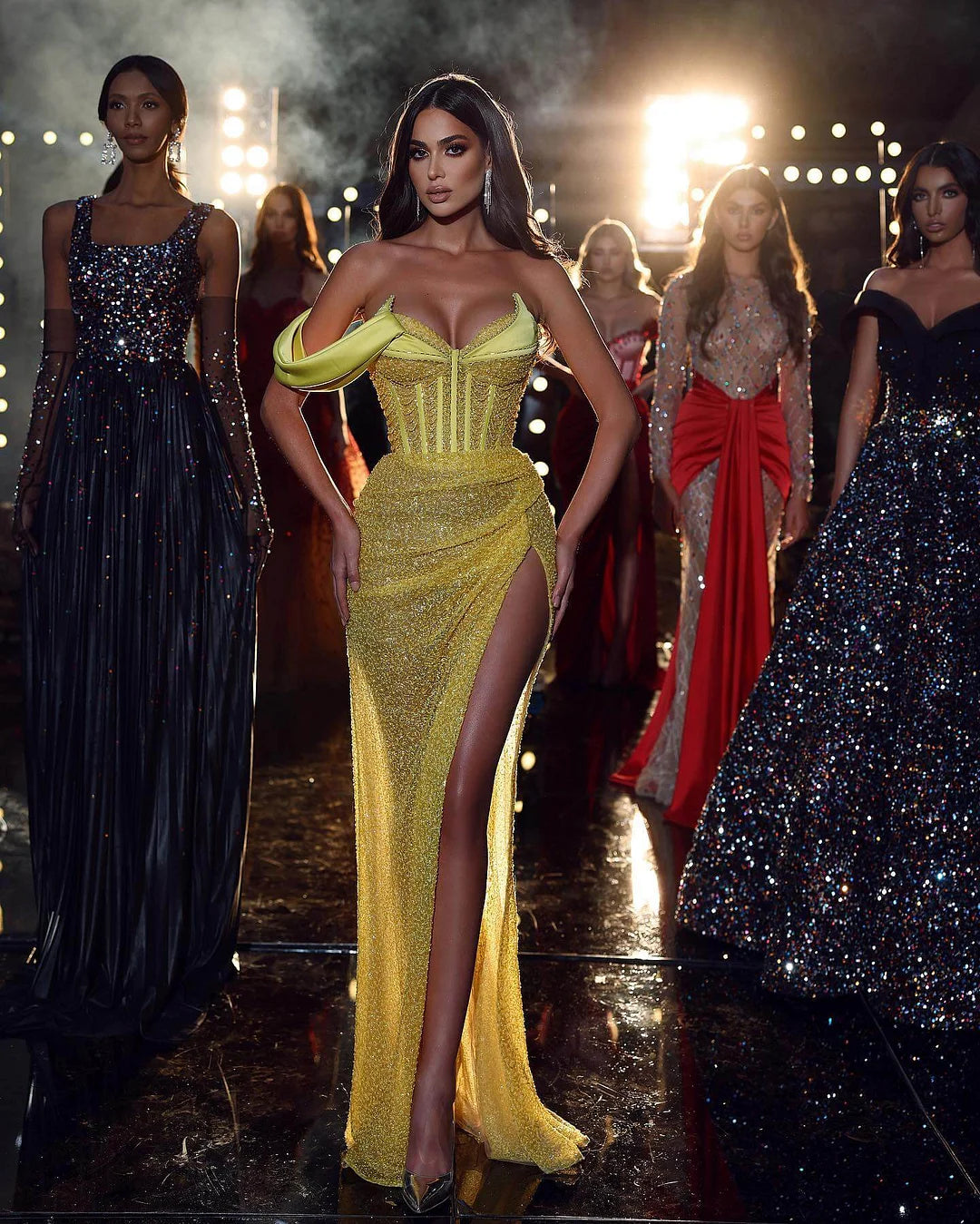 Amazing Yellow Off-the-Shoulder Evening Party Gowns Mermaid Sequins Split Sweetheart-BallBride