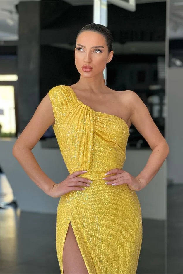Amazing Yellow One Shoulder Sequins evening Dress Mermaid With Slit-BallBride