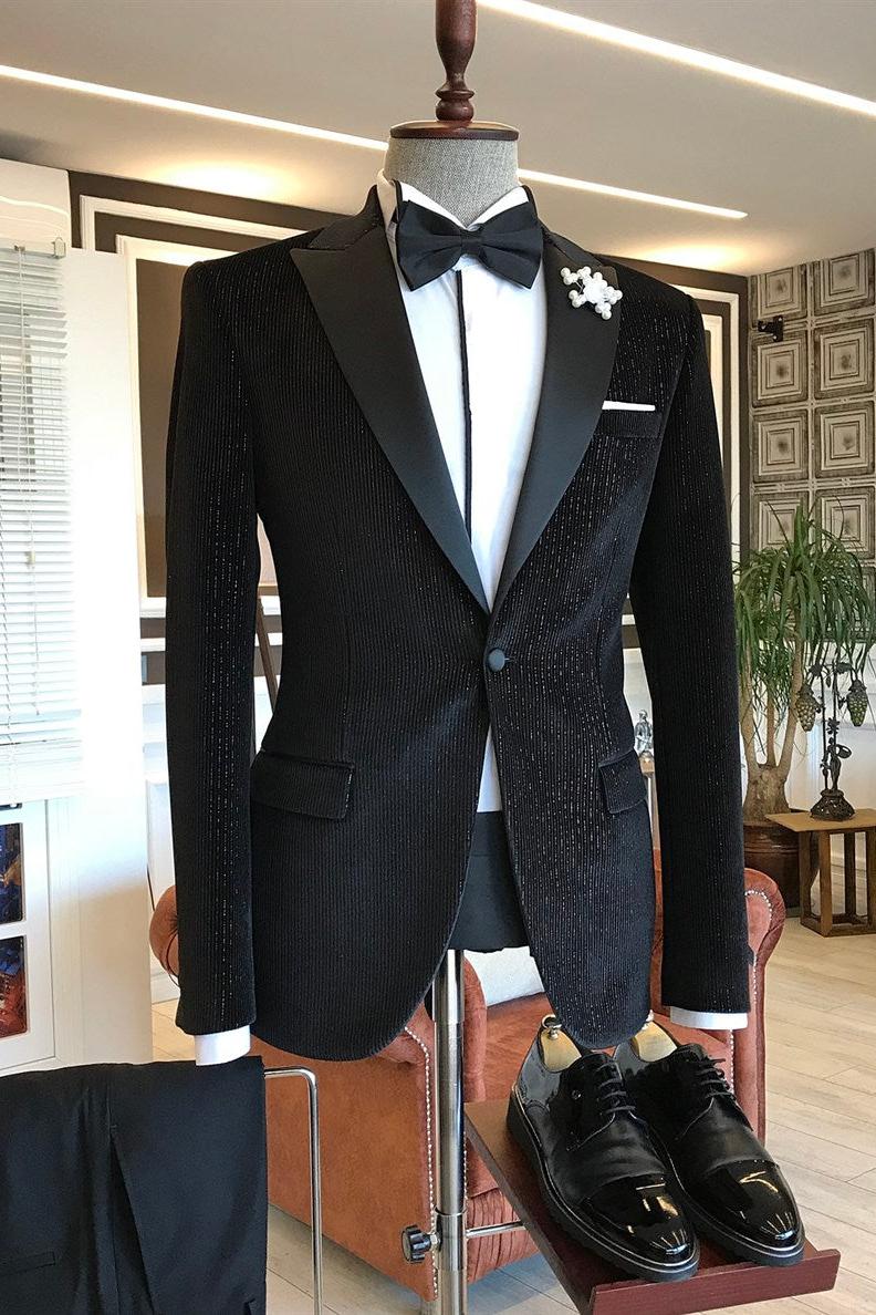 Andrew Fashion Style Black Sparkle Stripes Peaked Lapel Men Suits-BallBride