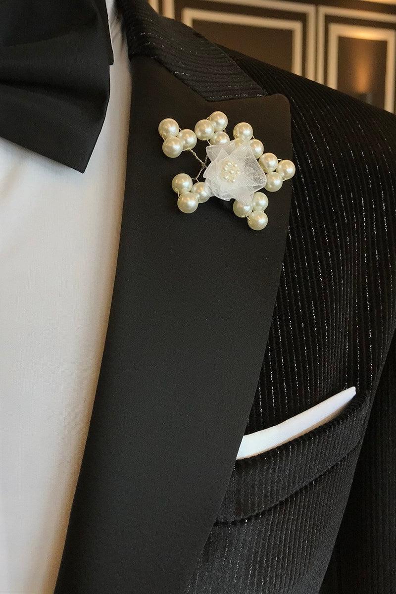 Andrew Fashion Style Black Sparkle Stripes Peaked Lapel Men Suits-BallBride