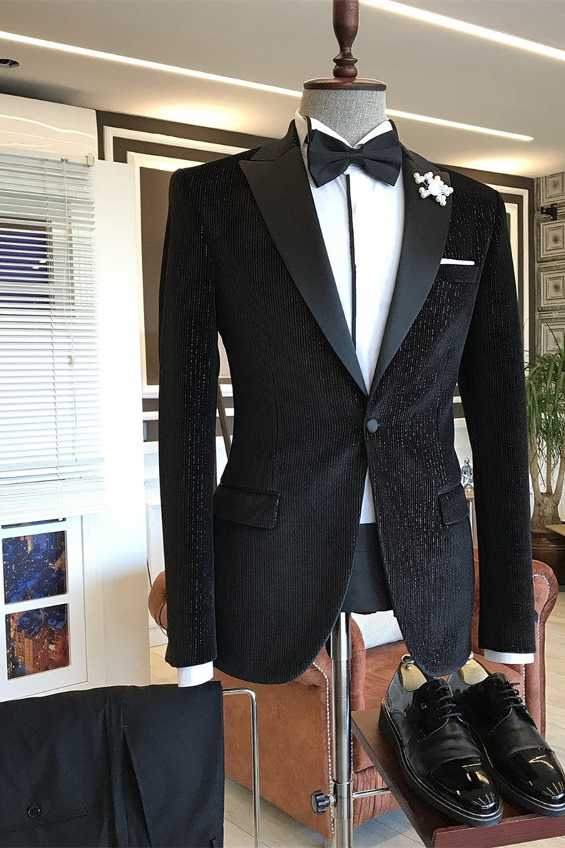 Andrew Fashion Style Black Sparkle Stripes Peaked Lapel Men Suits-BallBride