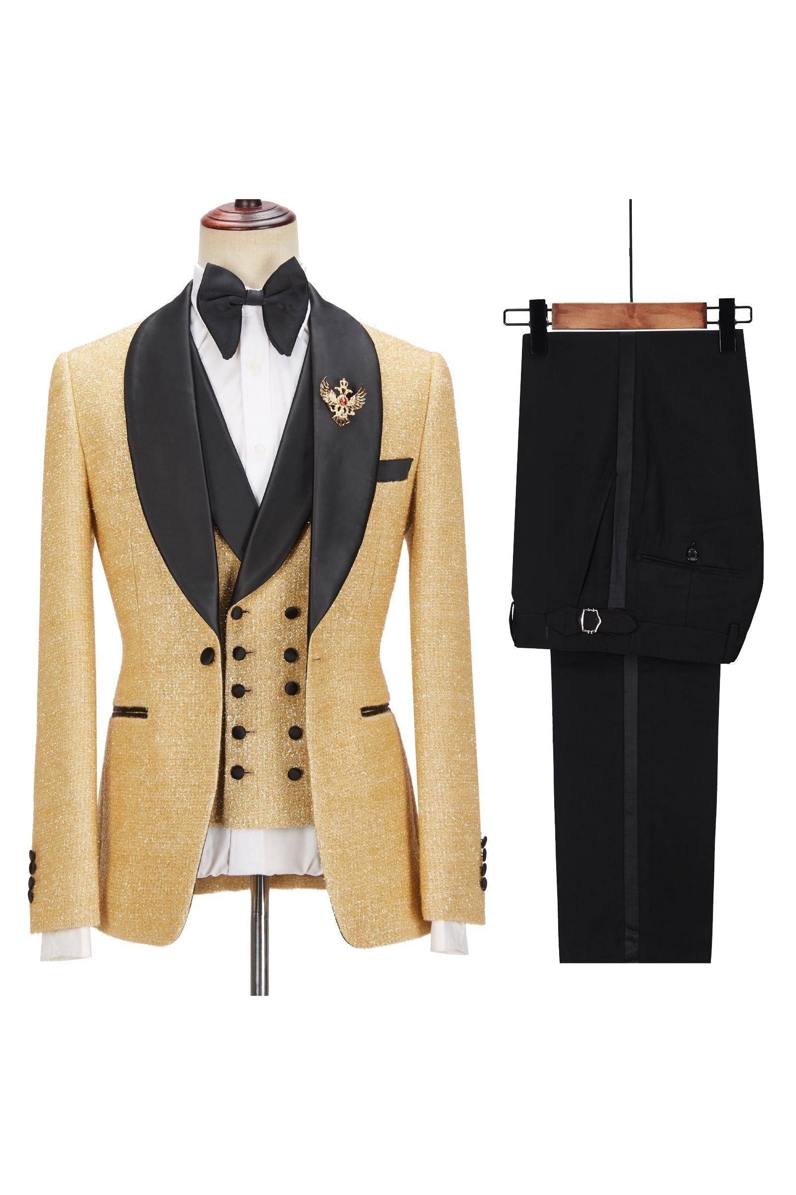 Andrew Sparkly Golden Shawl Lapel Three Piece Men Suits For Wedding-BallBride
