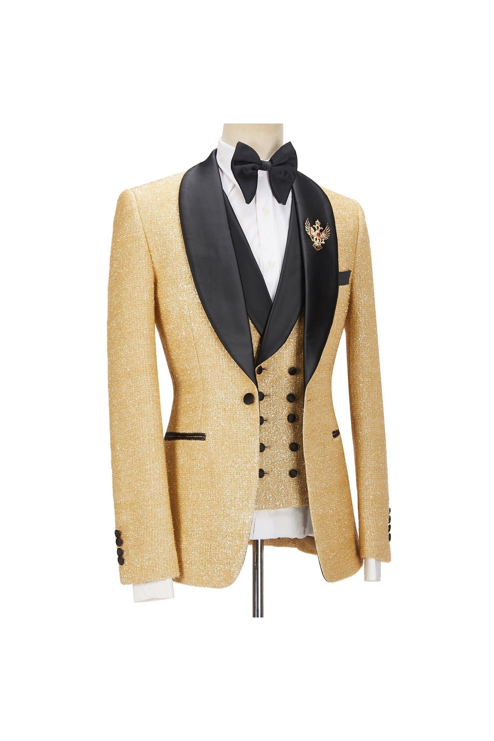 Andrew Sparkly Golden Shawl Lapel Three Piece Men Suits For Wedding-BallBride