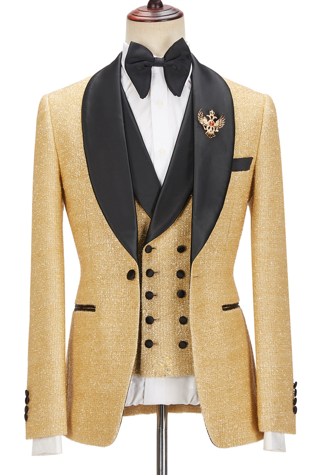 Andrew Sparkly Golden Shawl Lapel Three Piece Men Suits For Wedding-BallBride