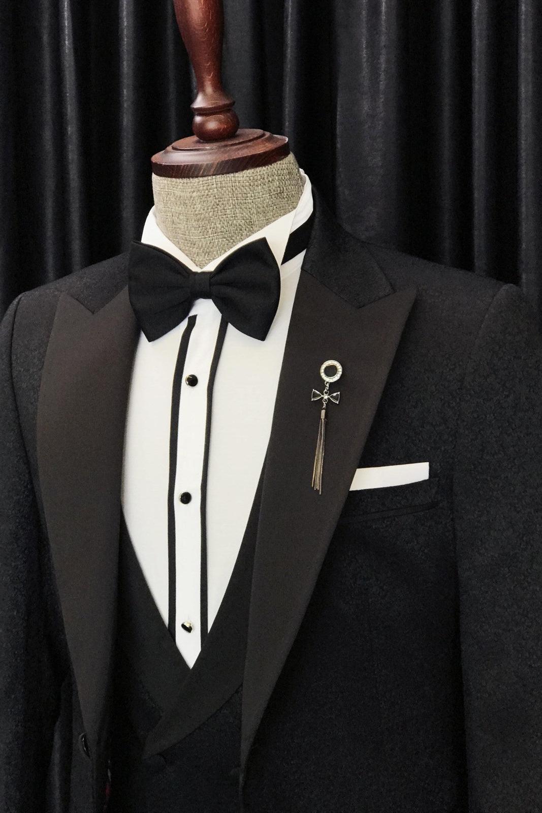 Anthony Newest Black Jaquard 3-Piece Peaked Lapel Wedding Suit for Men-BallBride