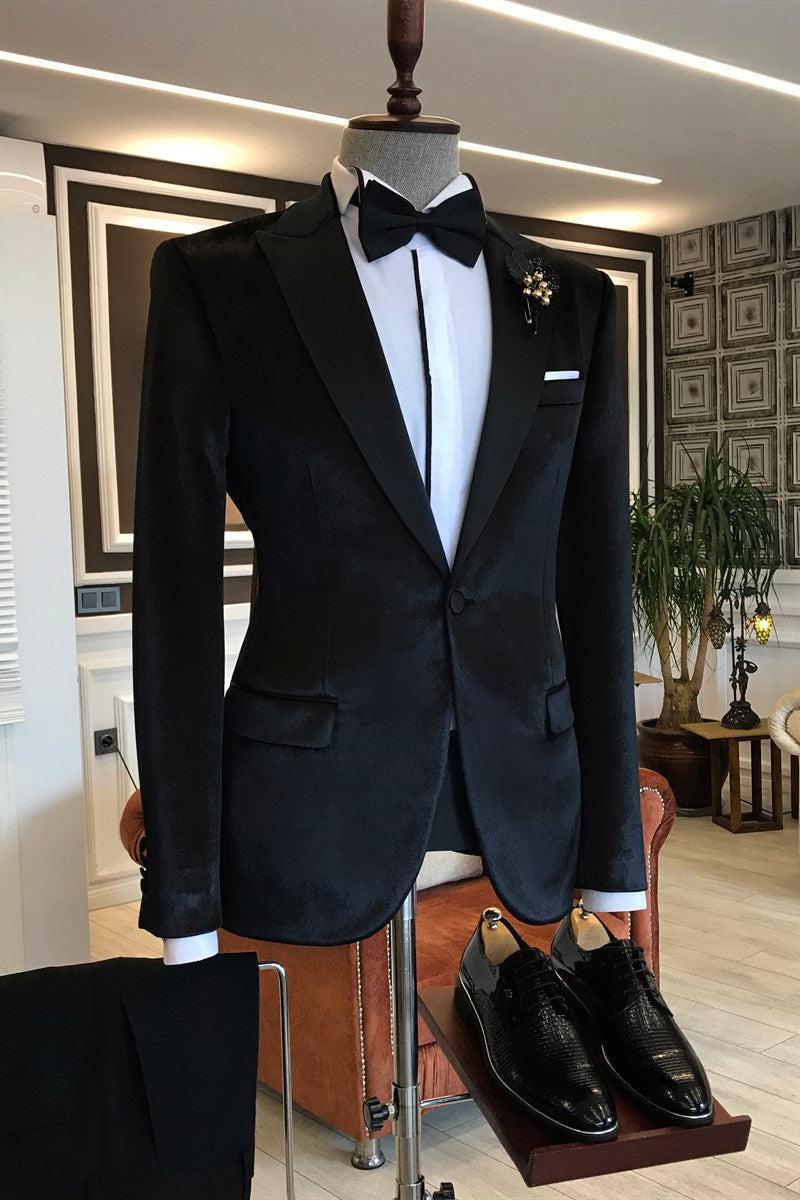 Ariel Black Velvet Men Suit - One Button Peaked Lapel Slim Fit-BallBride