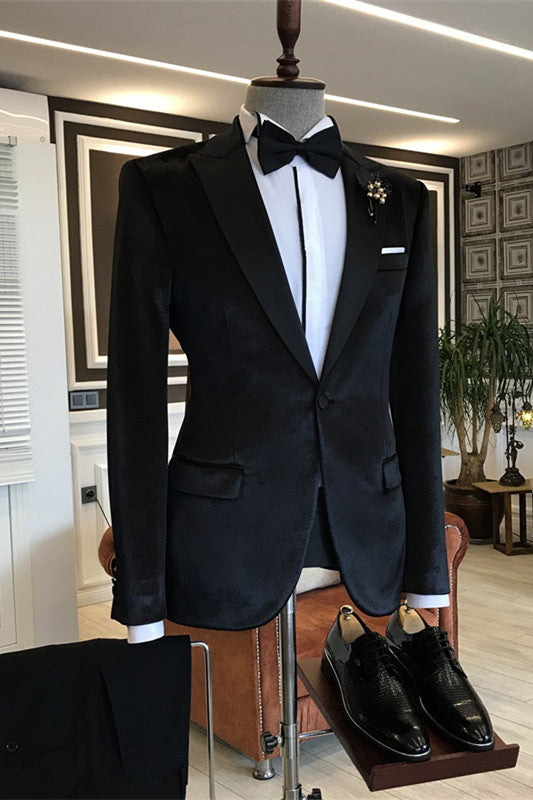 Ariel Black Velvet Men Suit - One Button Peaked Lapel Slim Fit-BallBride