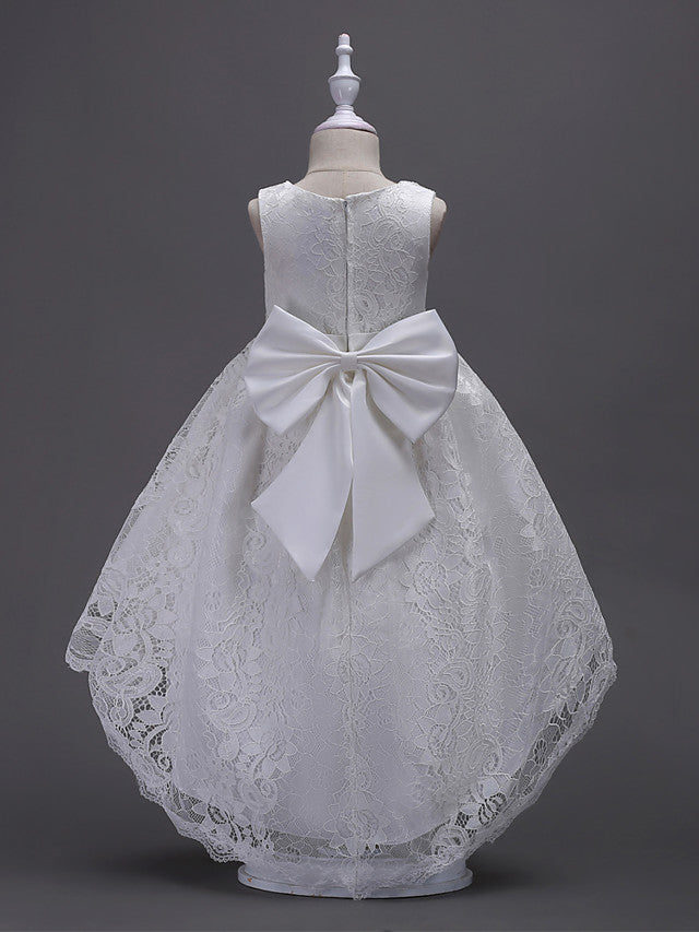 Asymmetrical Lace Dresses with V Wire and Bow Embroidery for Flower Girls-BallBride