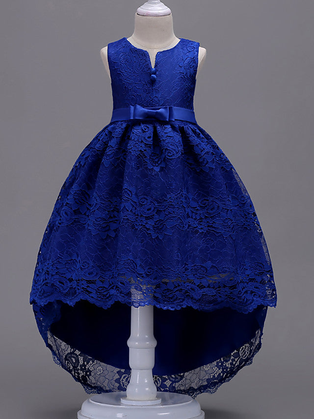 Asymmetrical Lace Dresses with V Wire and Bow Embroidery for Flower Girls-BallBride
