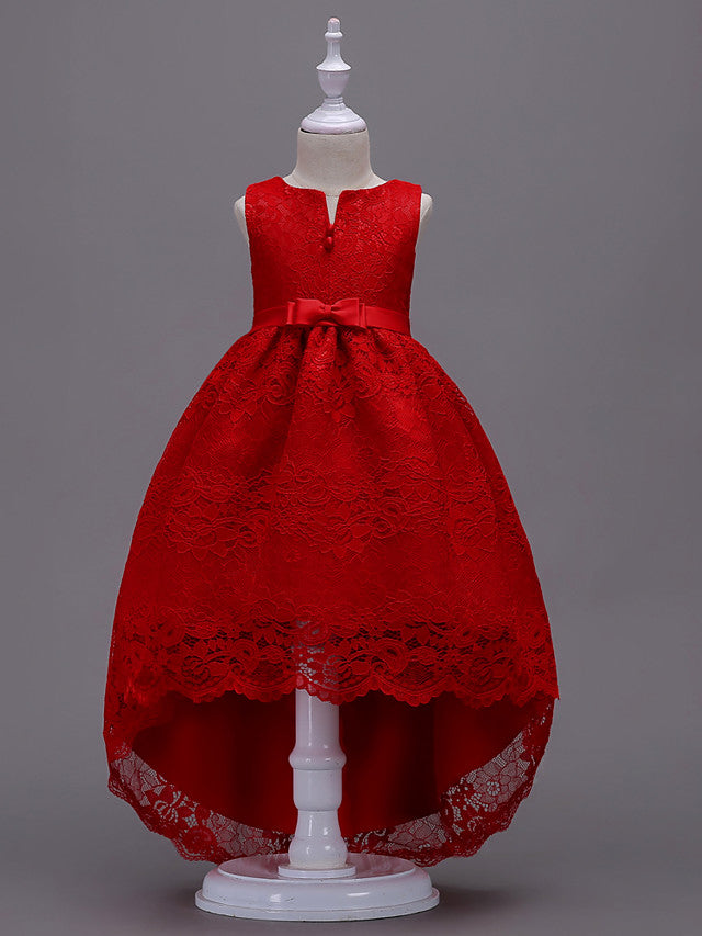 Asymmetrical Lace Dresses with V Wire and Bow Embroidery for Flower Girls-BallBride